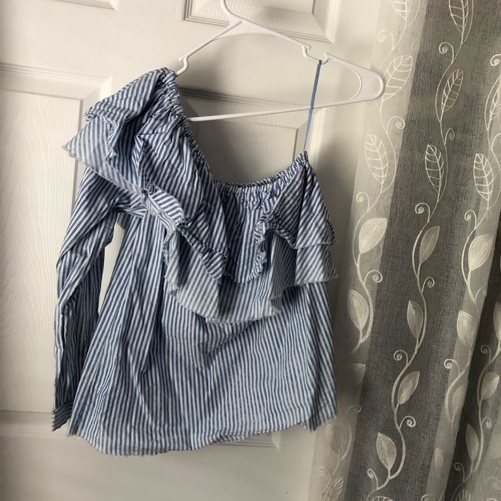Zara White Blue Striped Asymmetrical One Shoulder Ruffle Top blouse sz S cotton